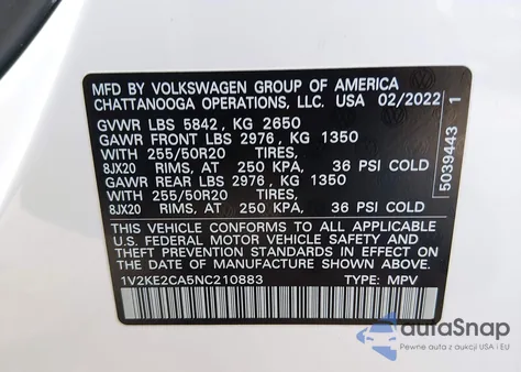 2022 Volkswagen Atlas Cross Sport 3.6L V6 Se W/Technology из США, поврежденный, VIN 1V2KE2CA5NC210883